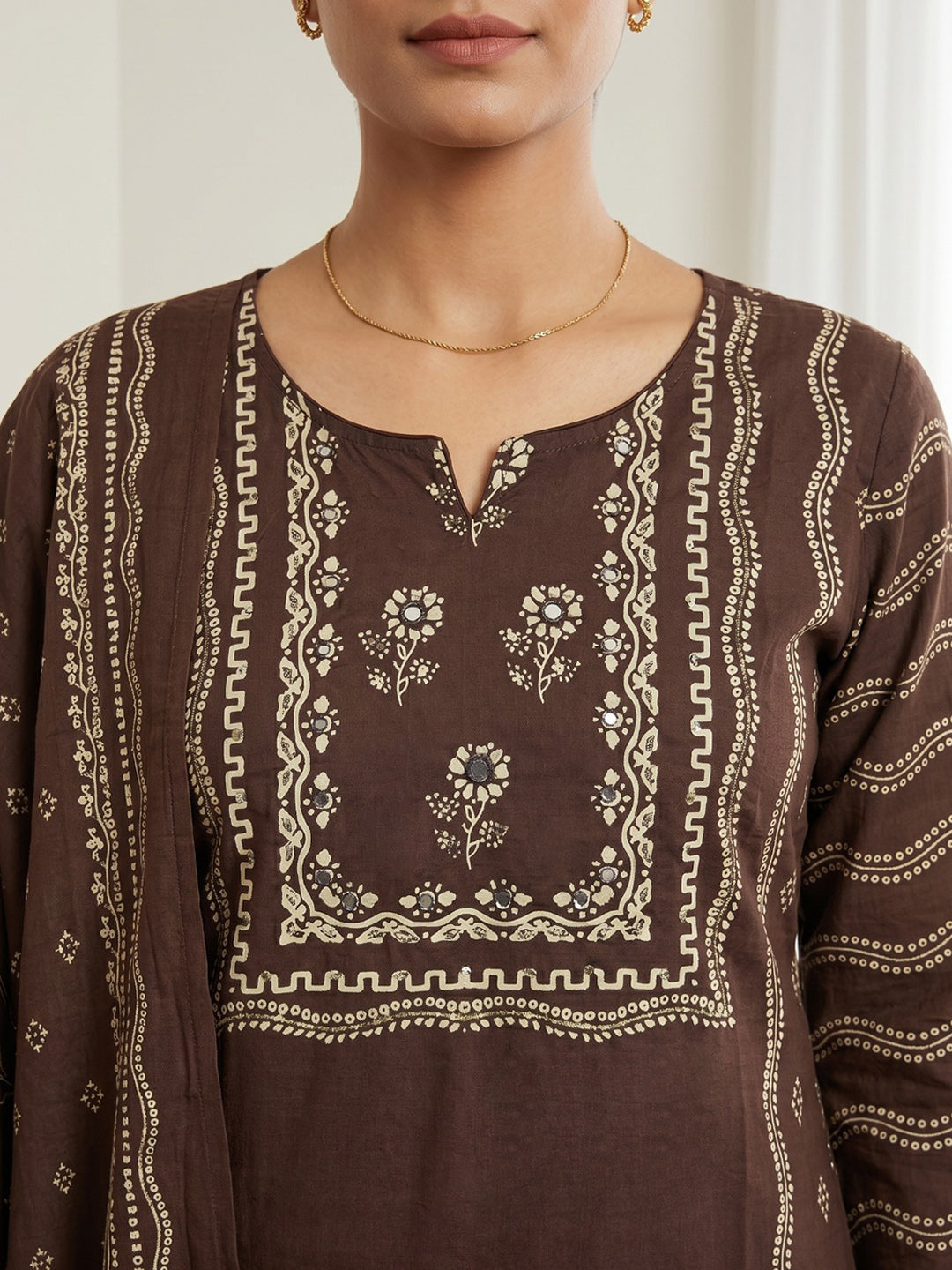 Brown Printed Cotton Blend Kurta With Pant & Dupatta