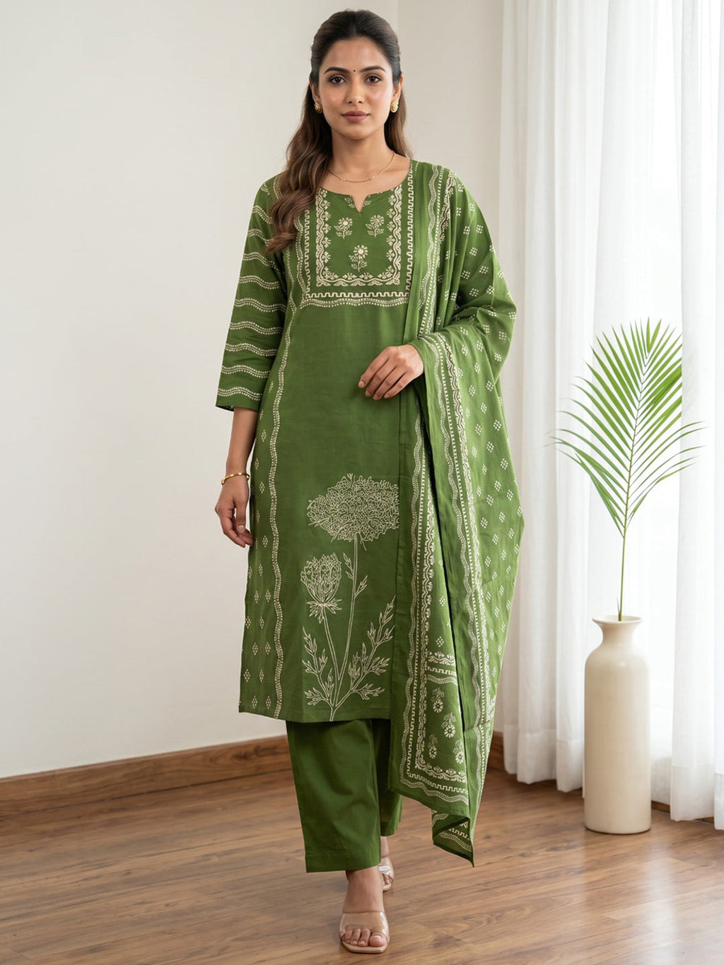 Green Printed Cotton Blend Kurta With Pant & Dupatta