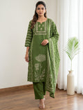 Green Printed Cotton Blend Kurta With Pant & Dupatta