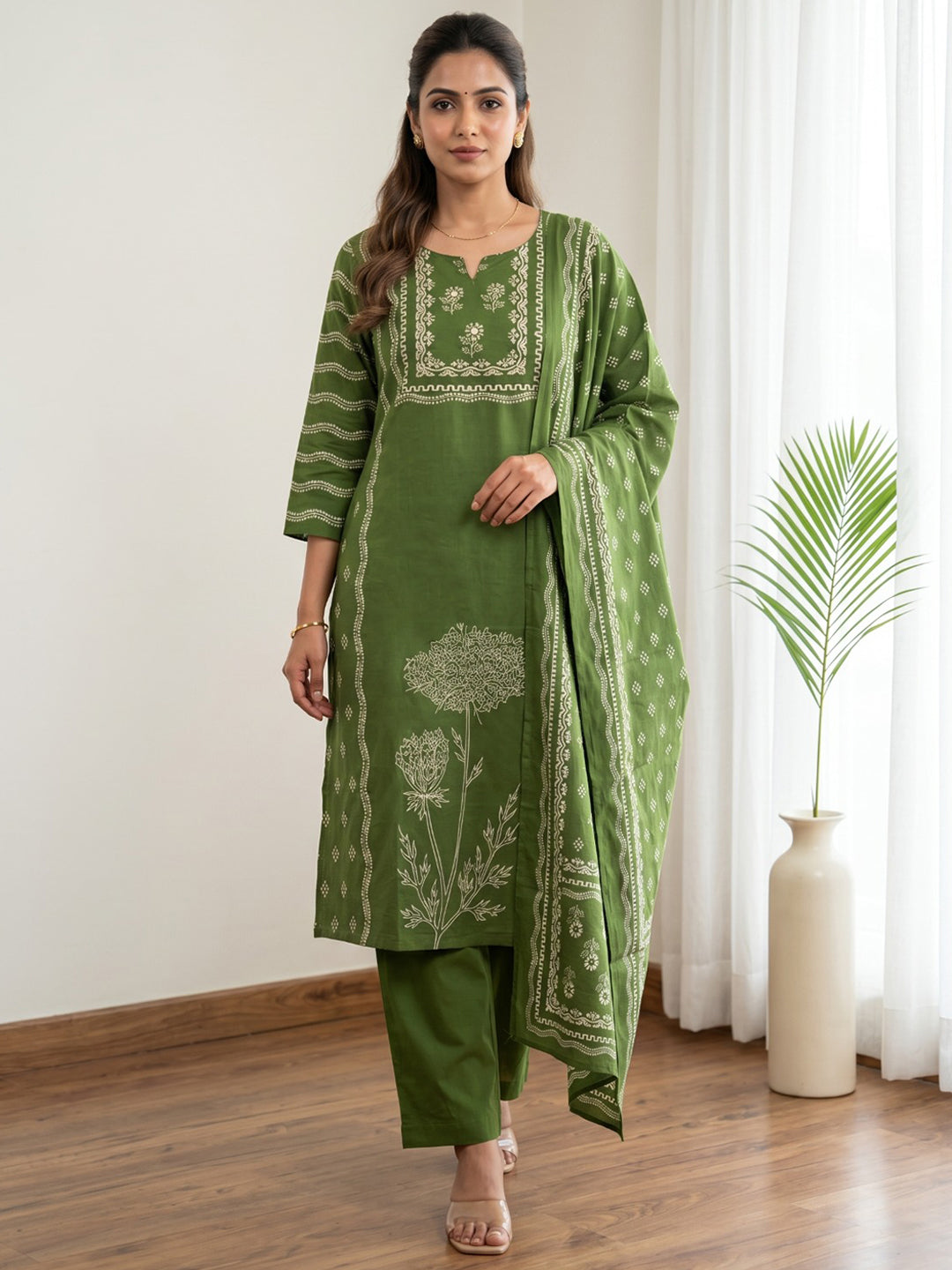 Green Printed Cotton Blend Kurta With Pant & Dupatta