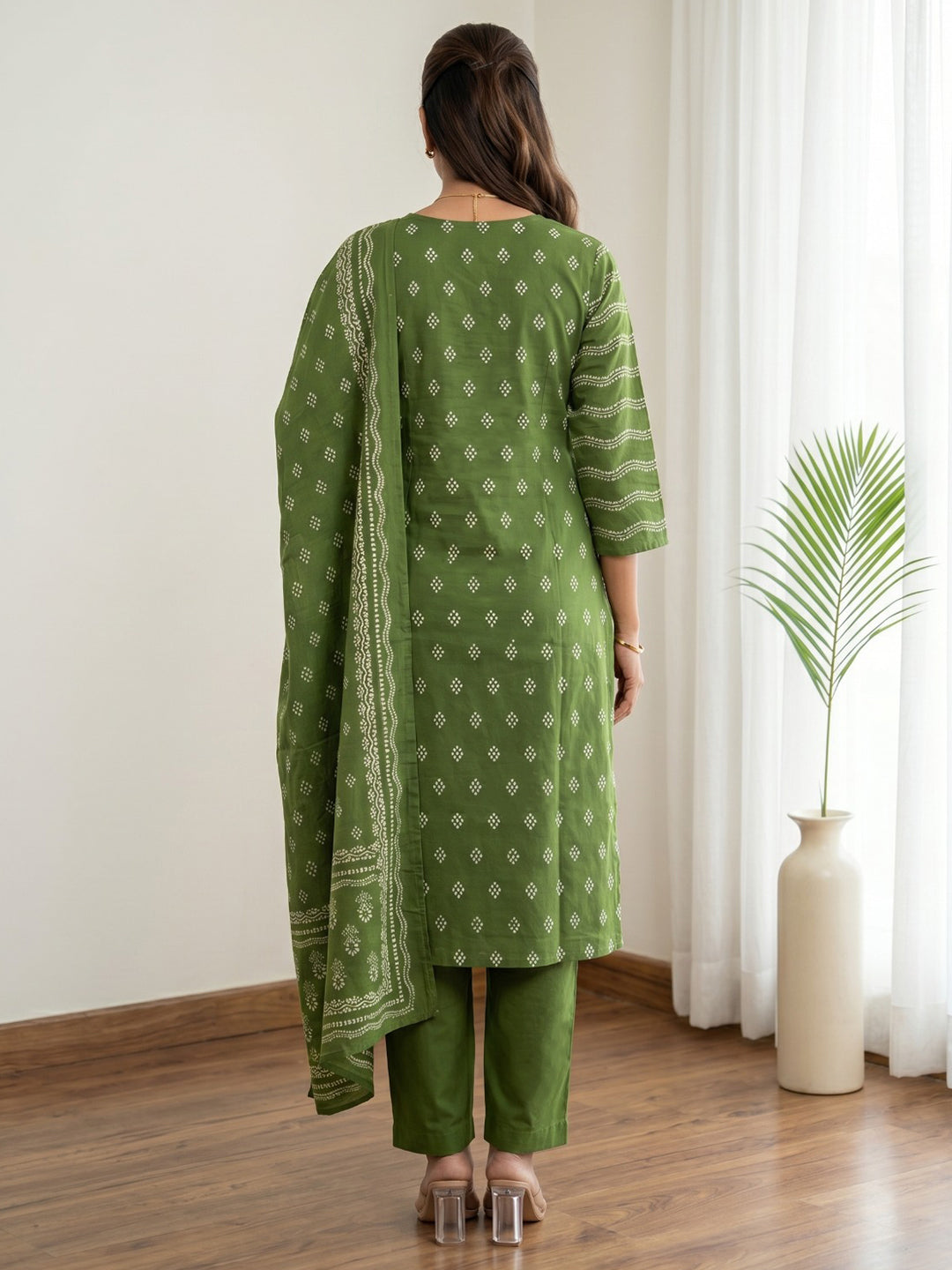 Green Printed Cotton Blend Kurta With Pant & Dupatta