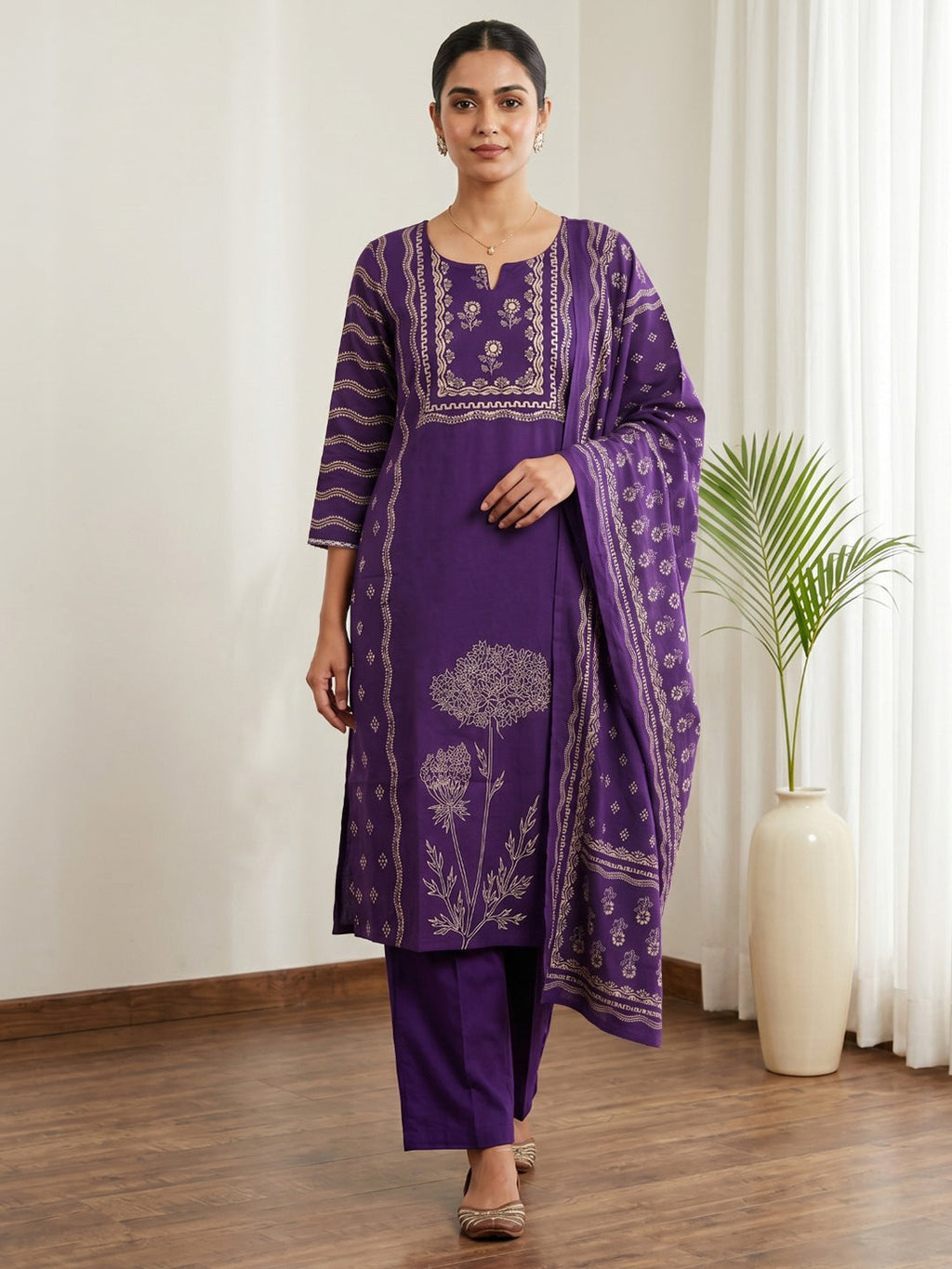 Purple Printed Cotton Blend Kurta With Pant & Dupatta