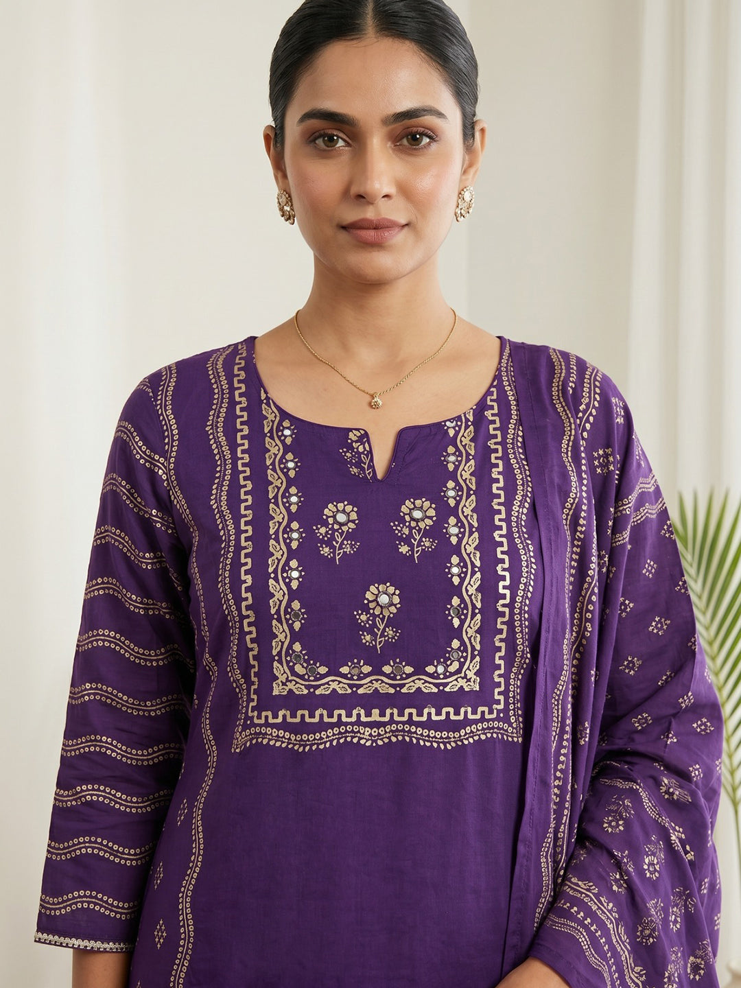 Purple Printed Cotton Blend Kurta With Pant & Dupatta