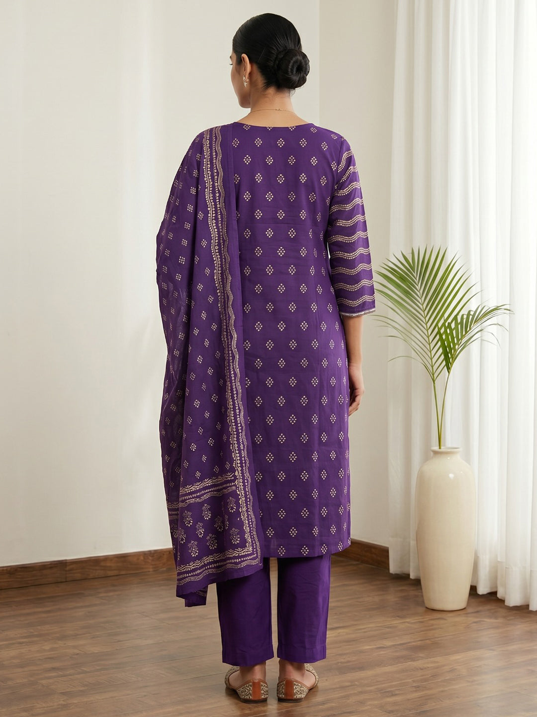 Purple Printed Cotton Blend Kurta With Pant & Dupatta