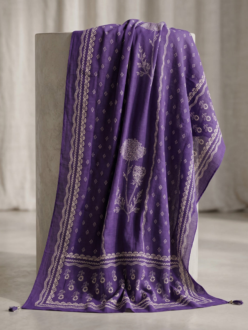Purple Printed Cotton Blend Kurta With Pant & Dupatta