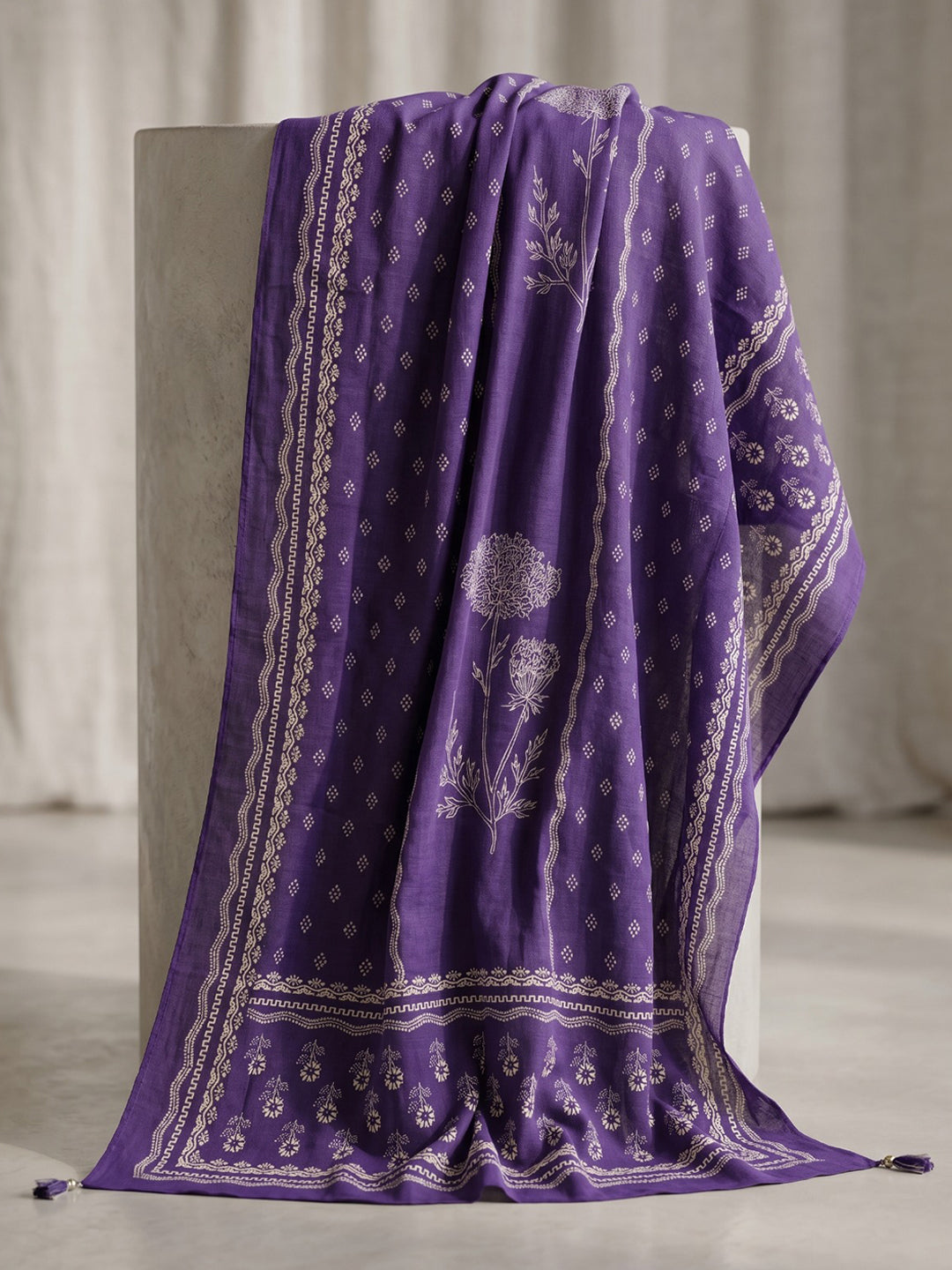 Purple Printed Cotton Blend Kurta With Pant & Dupatta