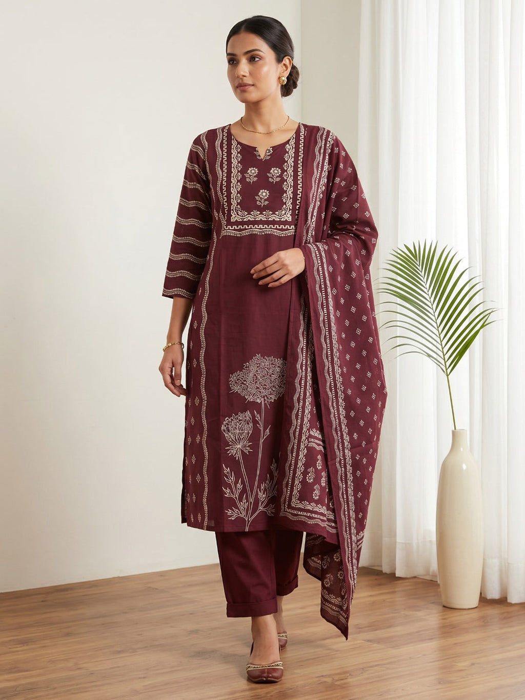 Wine Printed Cotton Blend Kurta With Pant & Dupatta