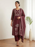Wine Printed Cotton Blend Kurta With Pant & Dupatta