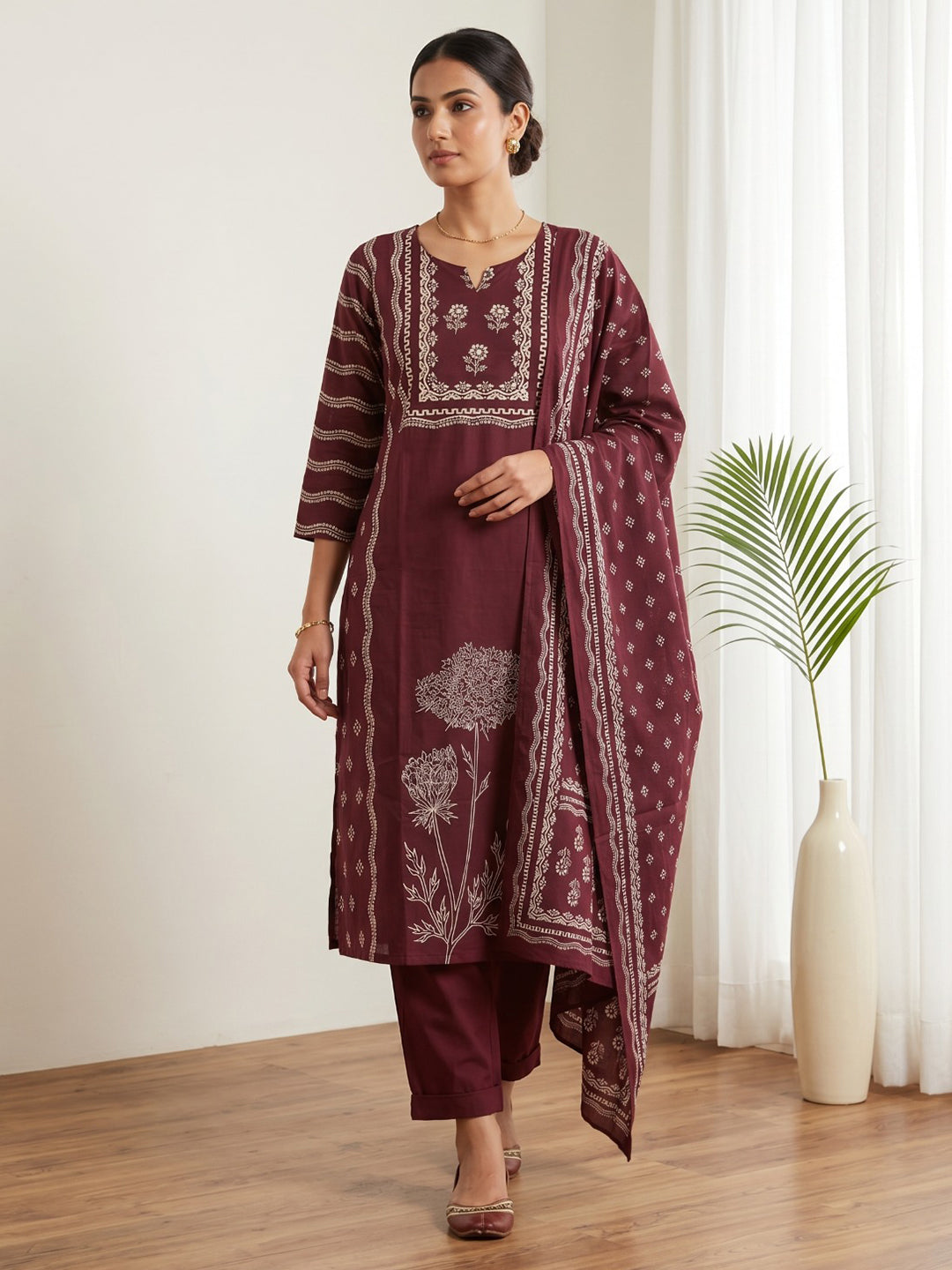 Wine Printed Cotton Blend Kurta With Pant & Dupatta