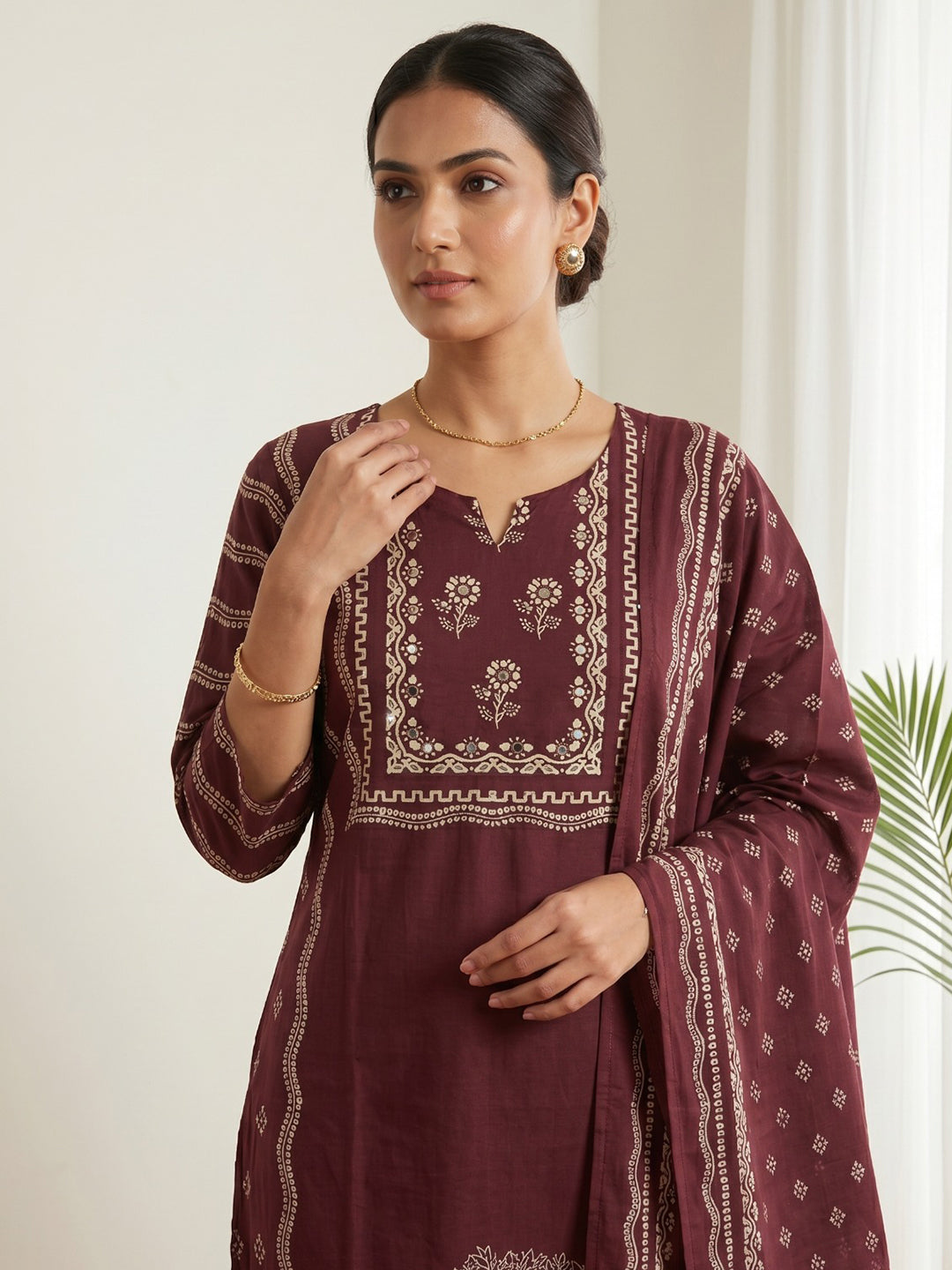 Wine Printed Cotton Blend Kurta With Pant & Dupatta