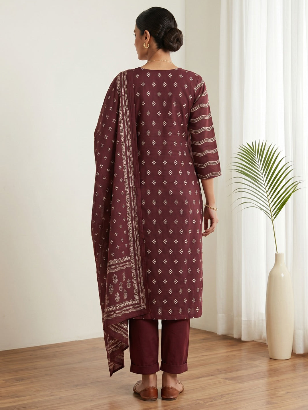 Wine Printed Cotton Blend Kurta With Pant & Dupatta