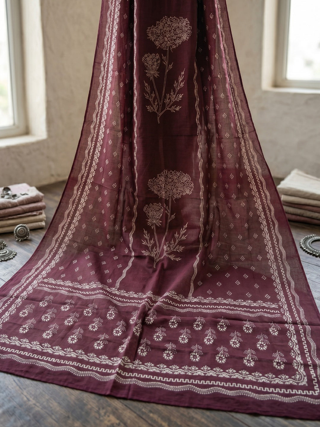 Wine Printed Cotton Blend Kurta With Pant & Dupatta