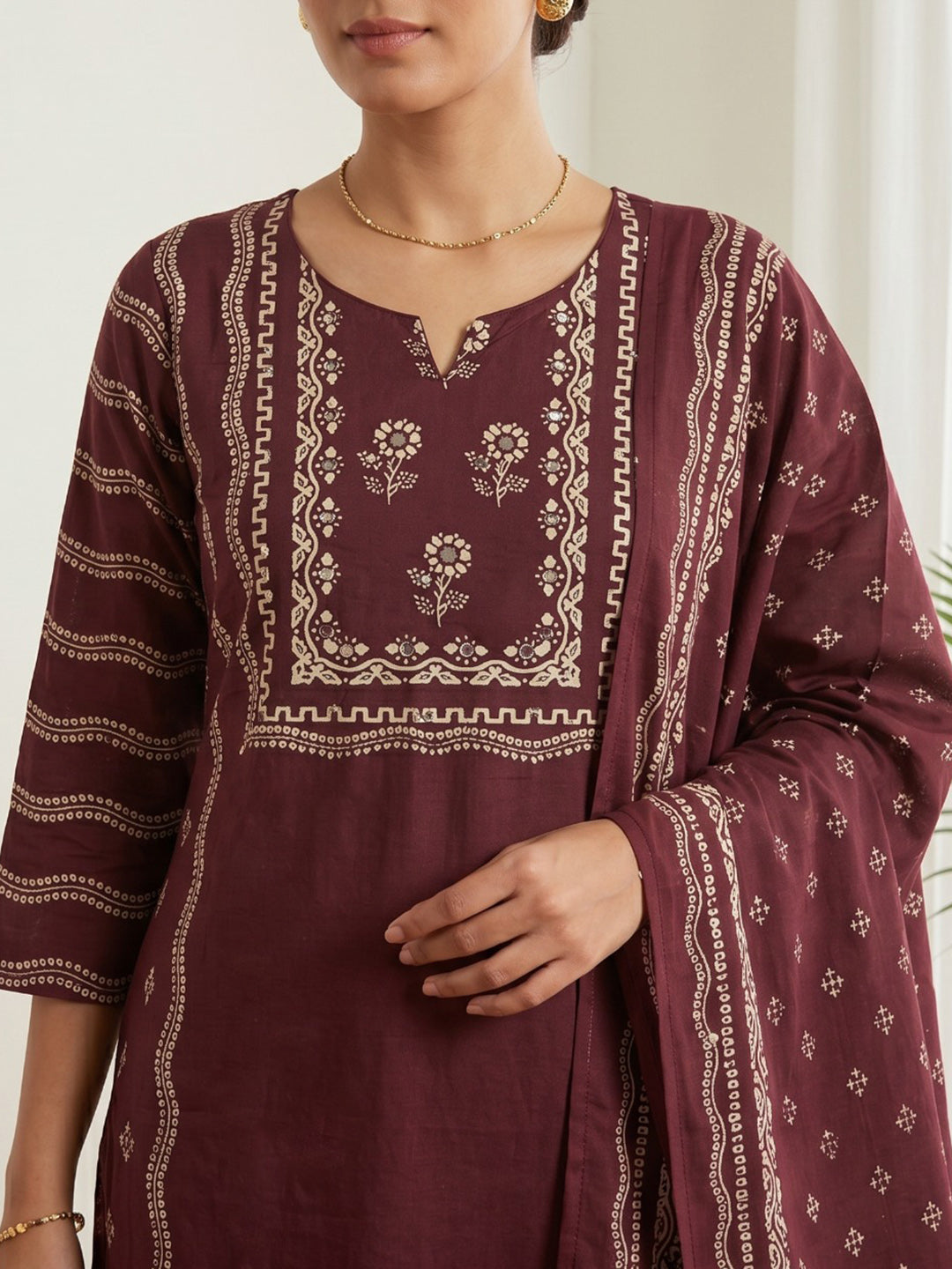 Wine Printed Cotton Blend Kurta With Pant & Dupatta