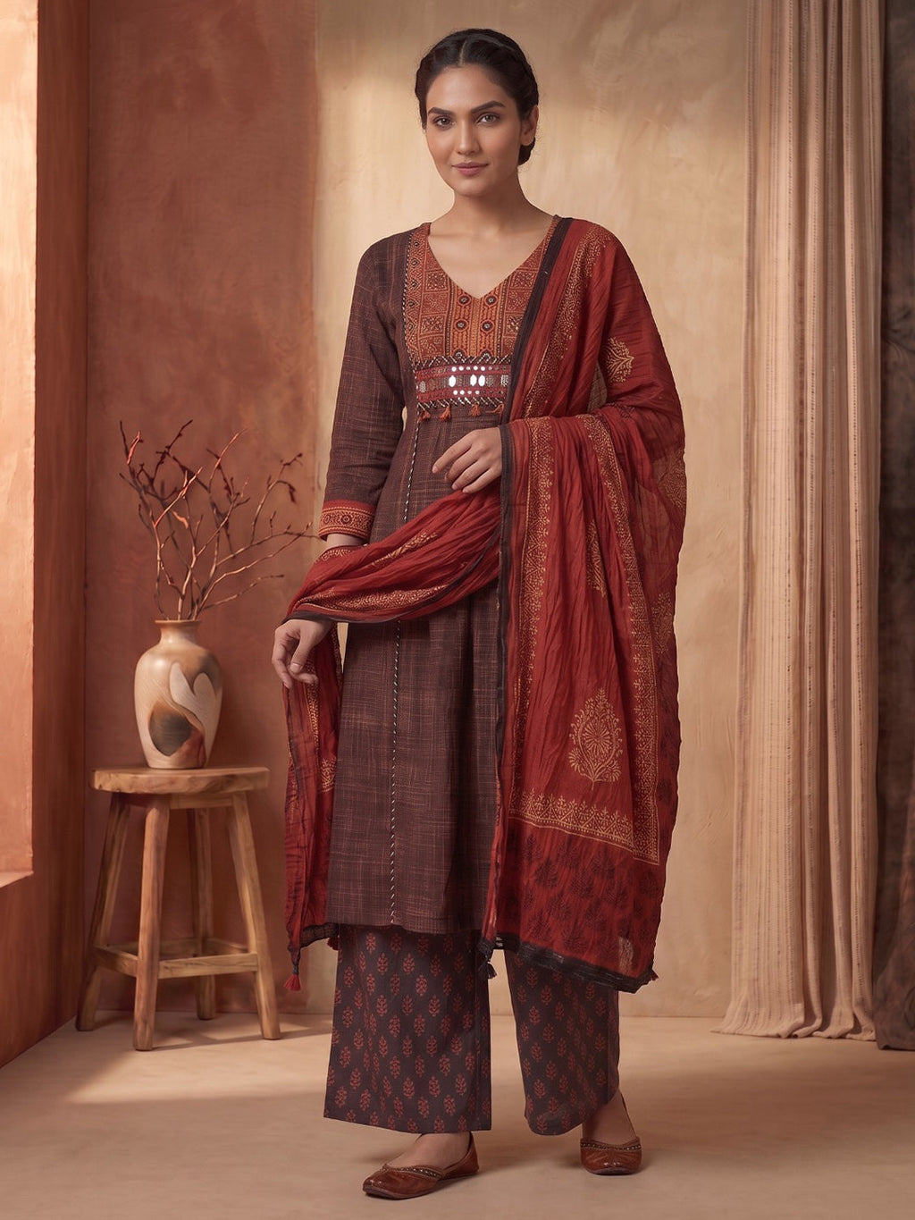 Brown Printed Cotton Blend Kurta With Pant & Dupatta