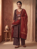 Brown Printed Cotton Blend Kurta With Pant & Dupatta