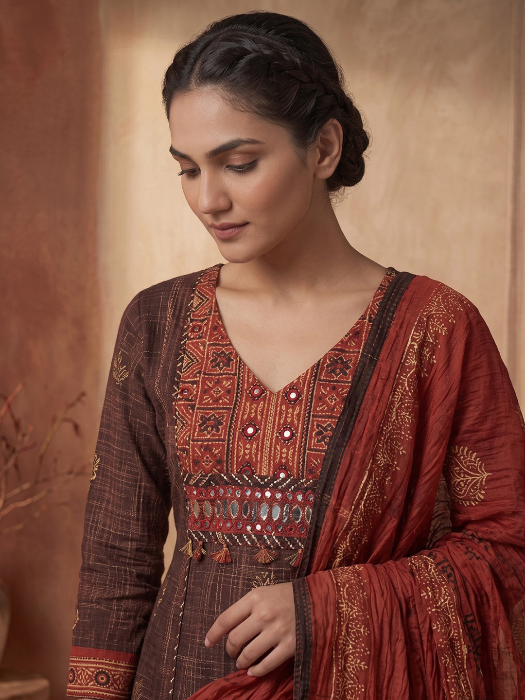 Brown Printed Cotton Blend Kurta With Pant & Dupatta