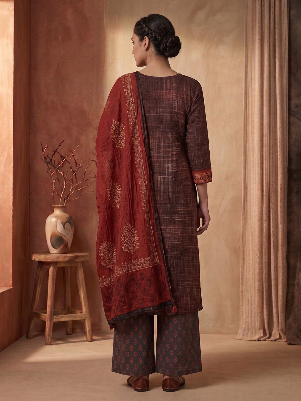 Brown Printed Cotton Blend Kurta With Pant & Dupatta