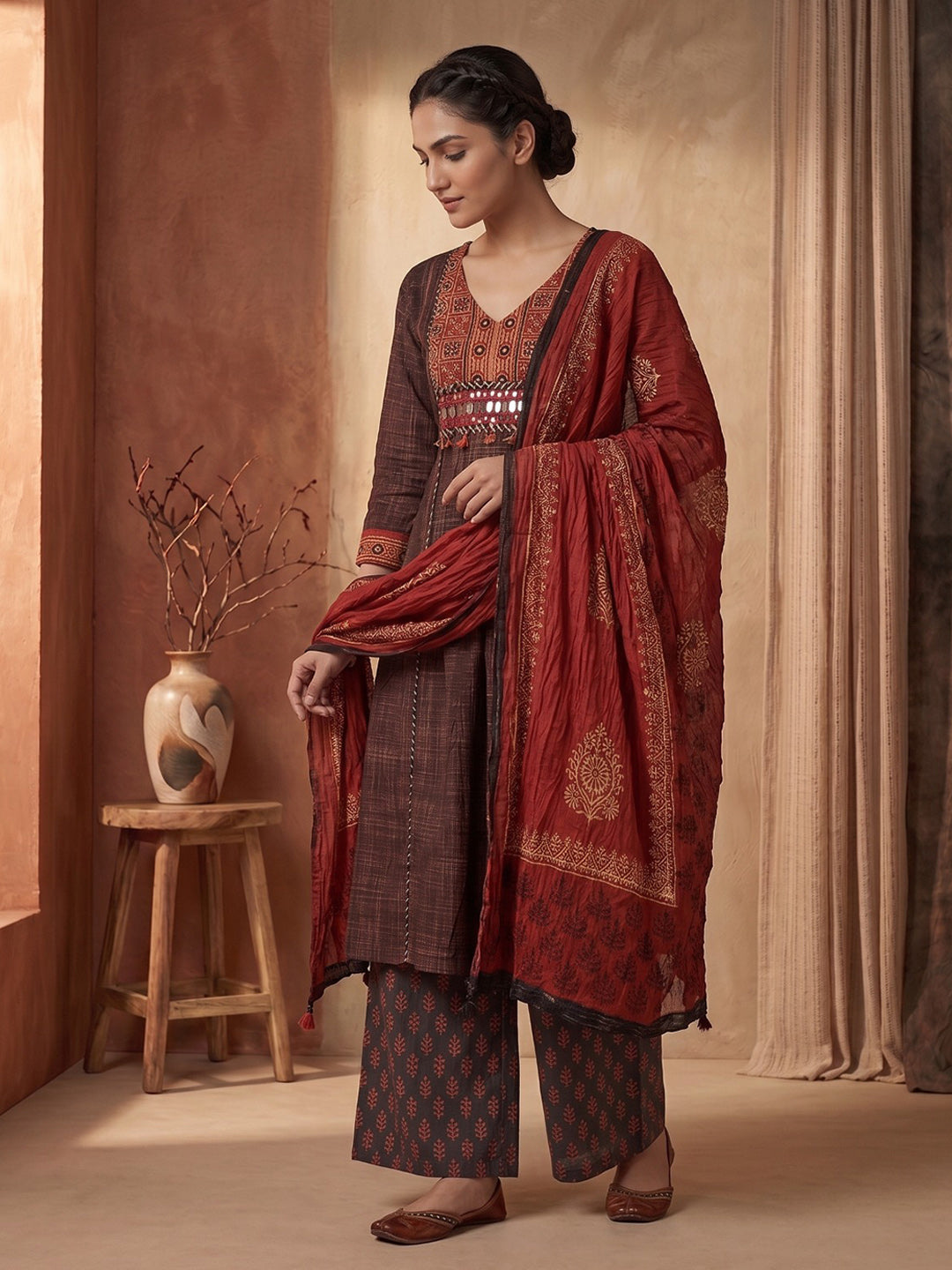 Brown Printed Cotton Blend Kurta With Pant & Dupatta