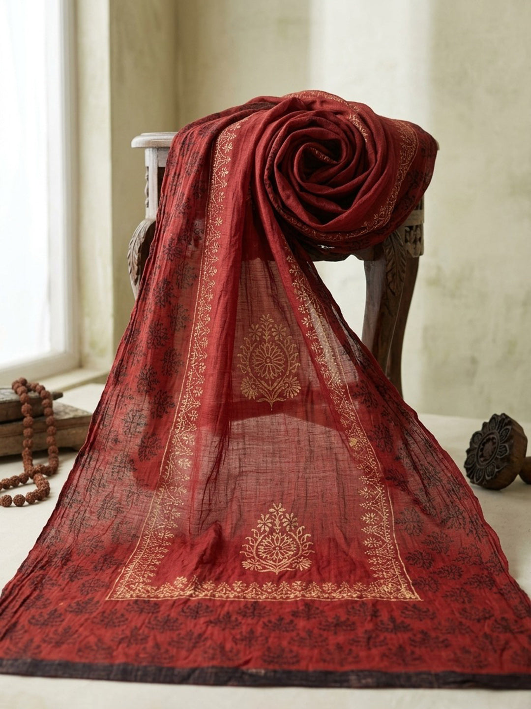 Brown Printed Cotton Blend Kurta With Pant & Dupatta