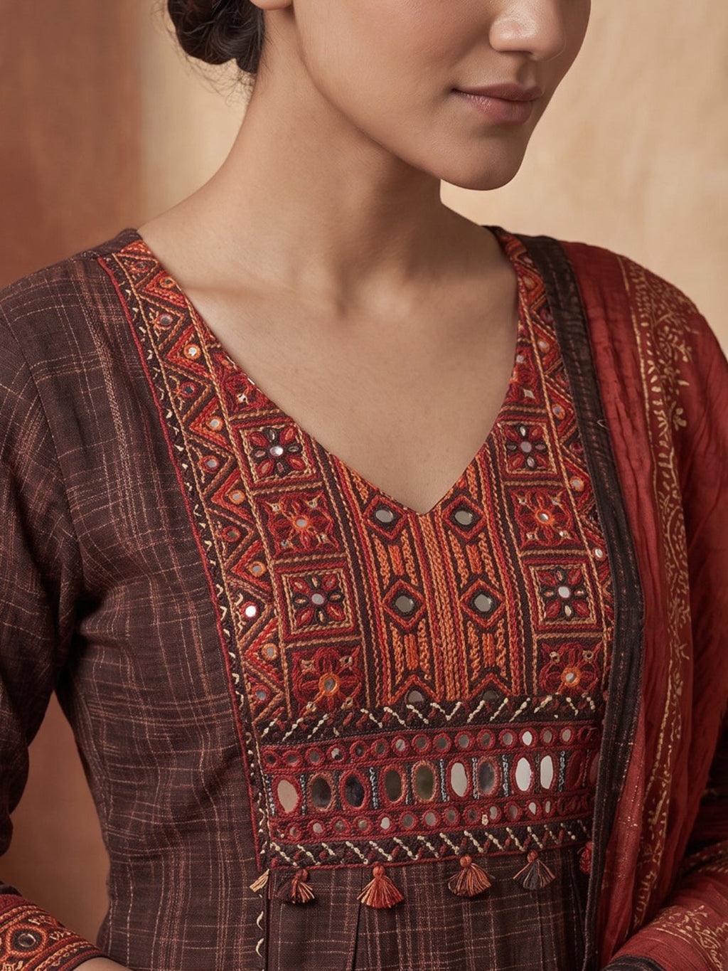 Brown Printed Cotton Blend Kurta With Pant & Dupatta