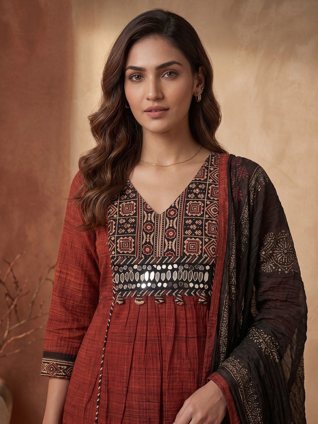 Red Printed Cotton Blend Kurta With Pant & Dupatta