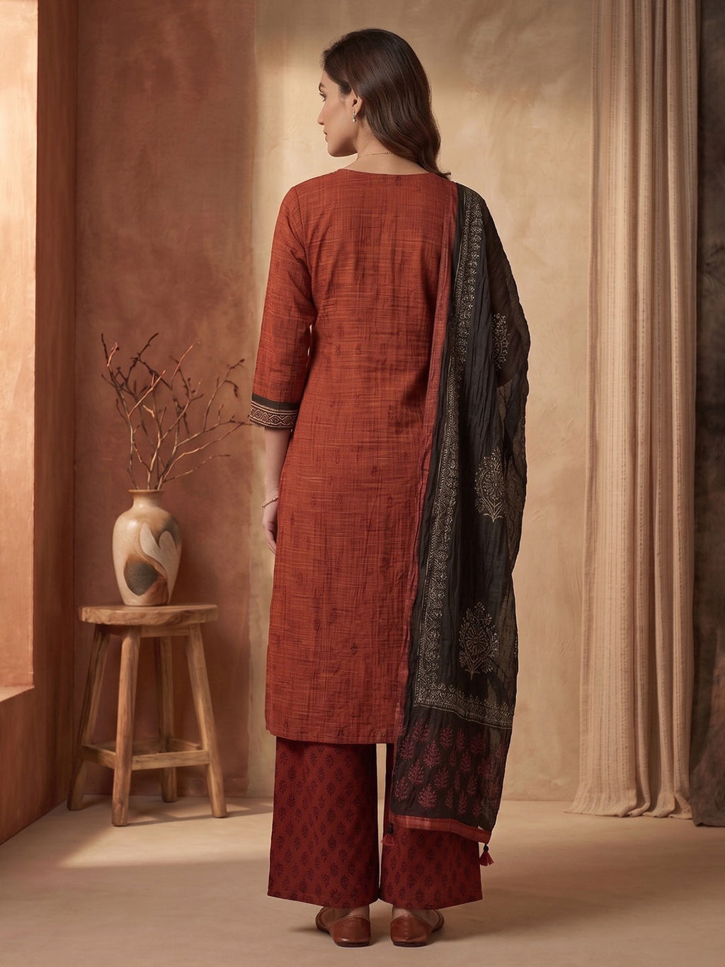 Red Printed Cotton Blend Kurta With Pant & Dupatta
