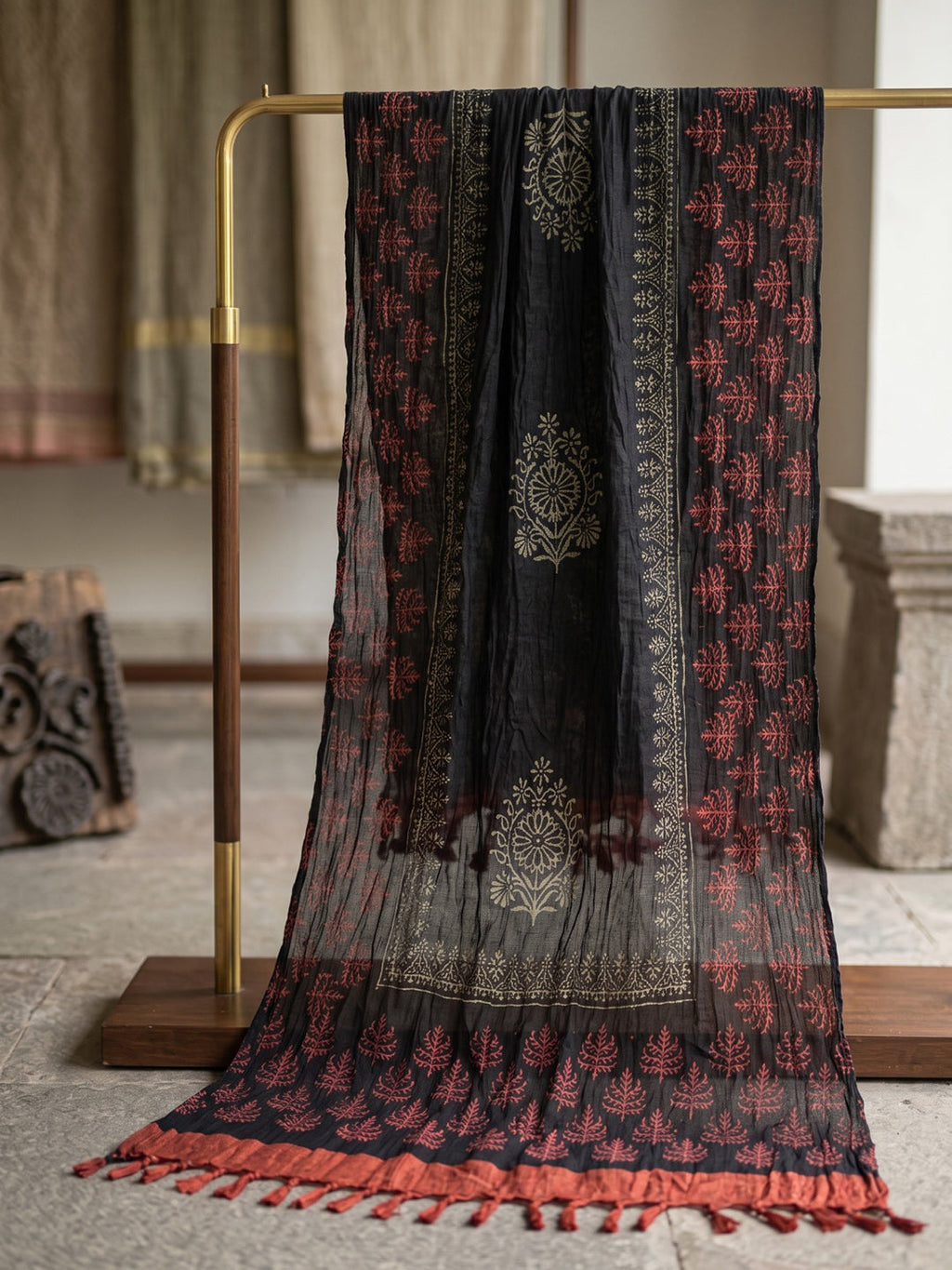 Red Printed Cotton Blend Kurta With Pant & Dupatta
