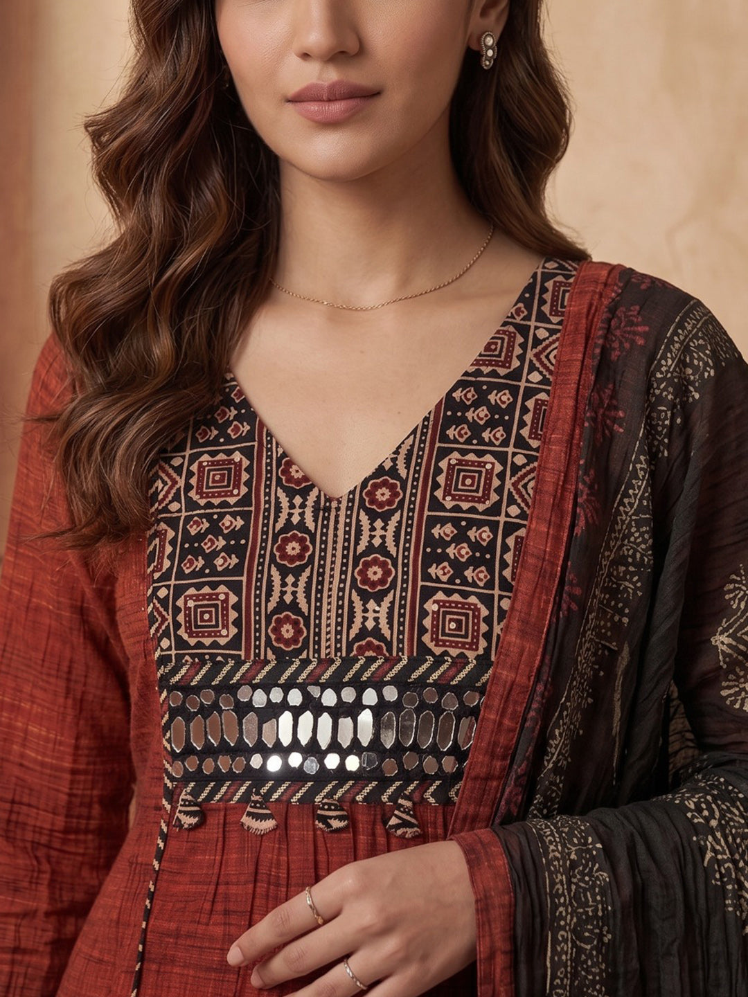 Red Printed Cotton Blend Kurta With Pant & Dupatta