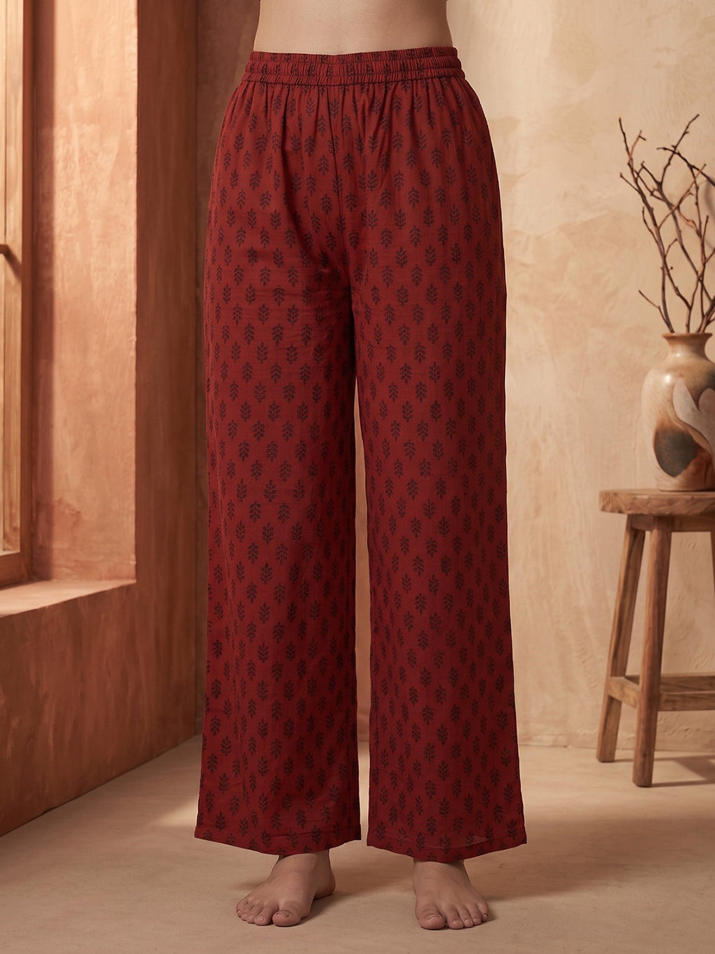 Red Printed Cotton Blend Kurta With Pant & Dupatta