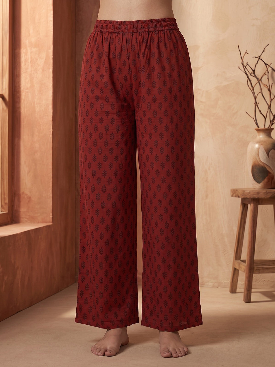 Red Printed Cotton Blend Kurta With Pant & Dupatta