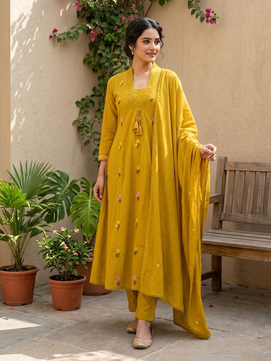 Mustard Embroidered Cotton Blend Straight Round Neck Suit Set