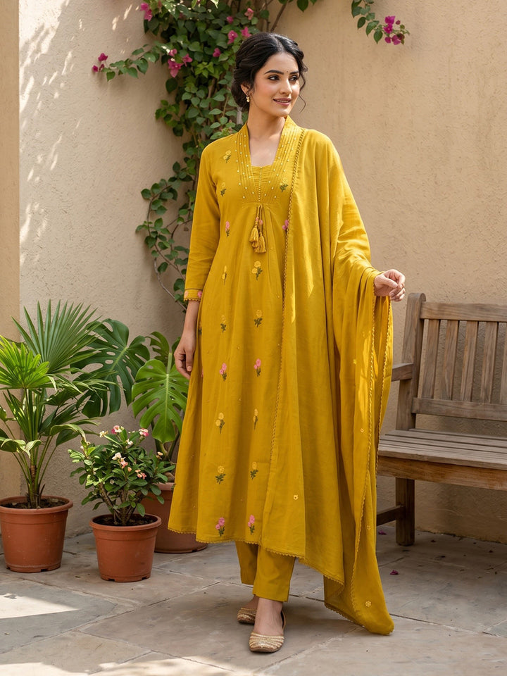 Mustard Embroidered Cotton Blend Straight Round Neck Suit Set
