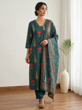 Blue Embroidery Cotton Blend Kurta With Pant & Dupatta