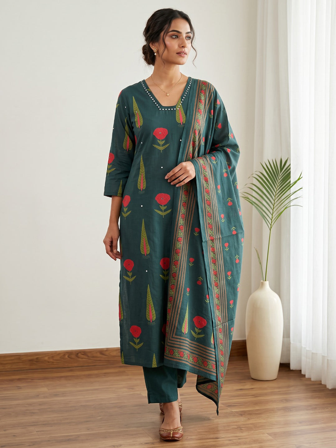 Blue Embroidery Cotton Blend Kurta With Pant & Dupatta