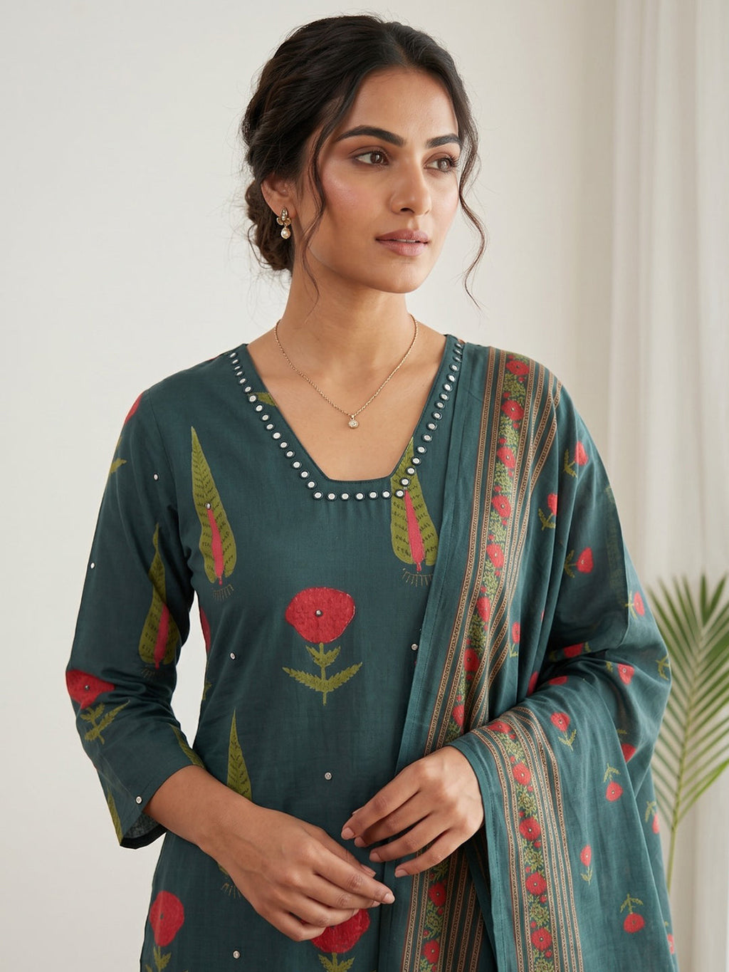Blue Embroidery Cotton Blend Kurta With Pant & Dupatta