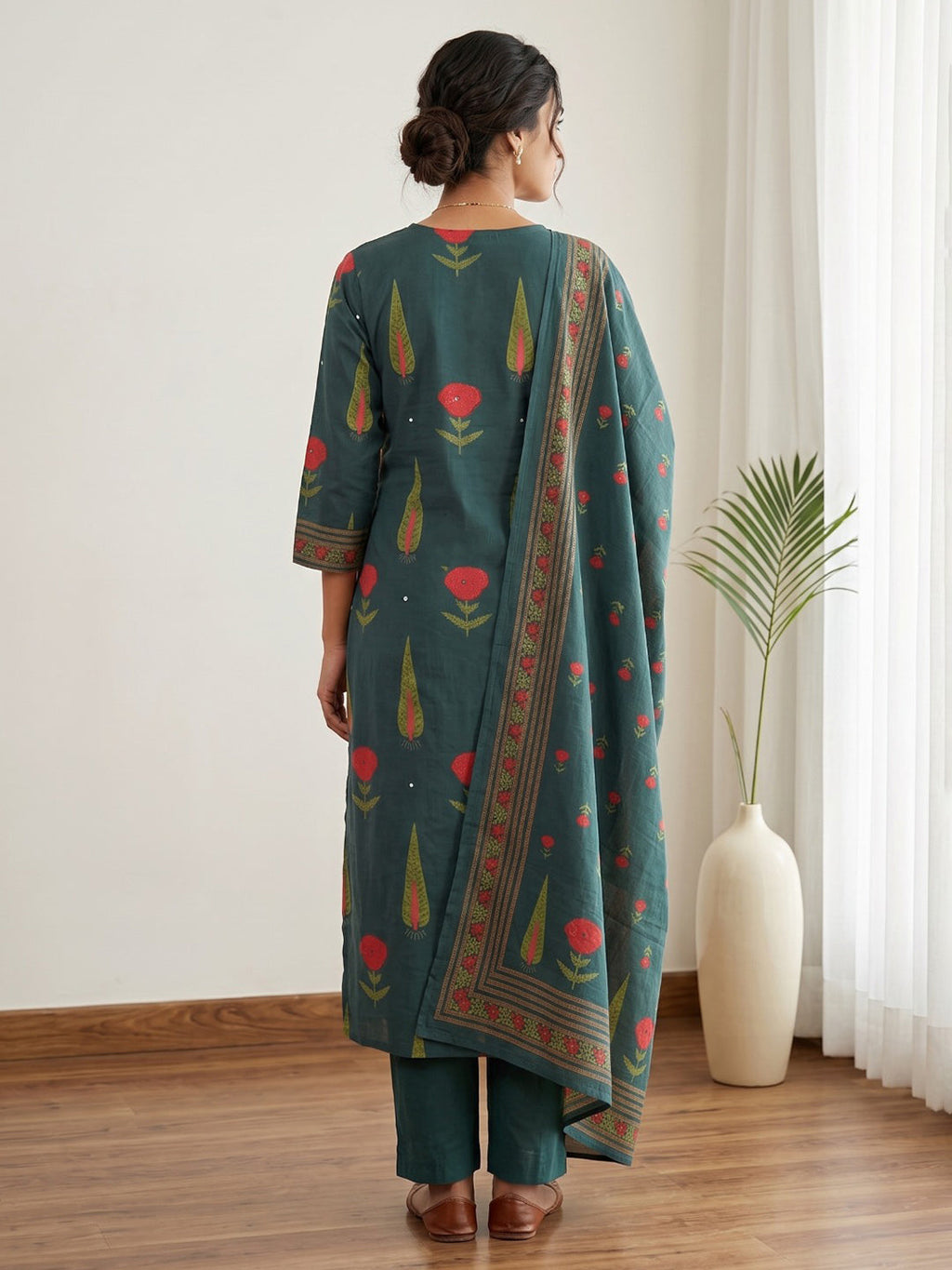 Blue Embroidery Cotton Blend Kurta With Pant & Dupatta