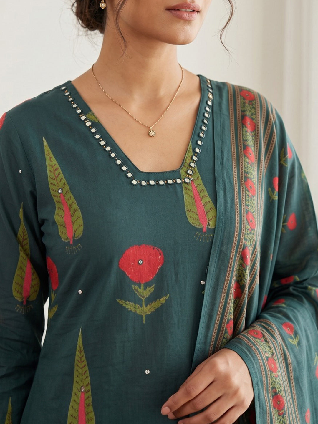 Blue Embroidery Cotton Blend Kurta With Pant & Dupatta