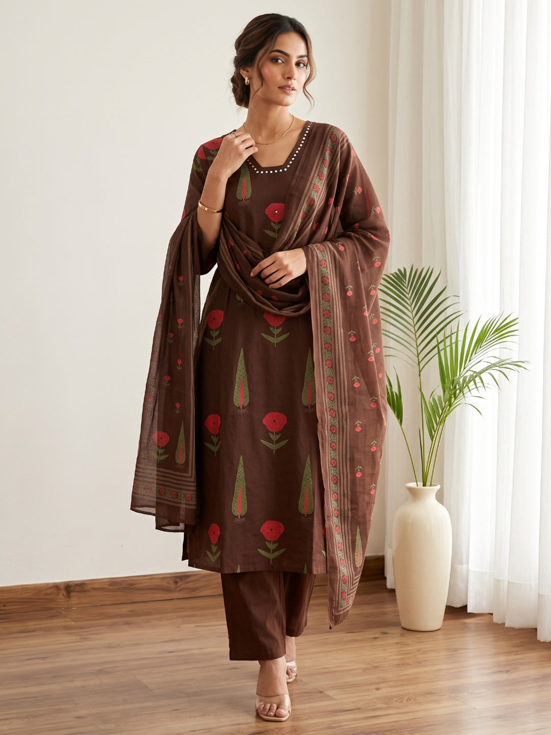 Brown Embroidery Cotton Blend Kurta With Pant & Dupatta