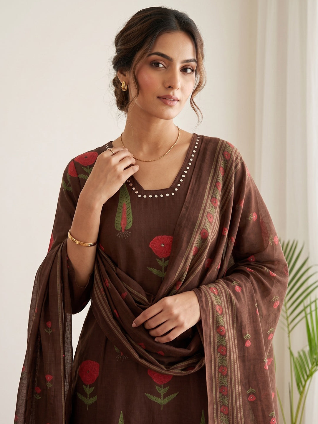 Brown Embroidery Cotton Blend Kurta With Pant & Dupatta