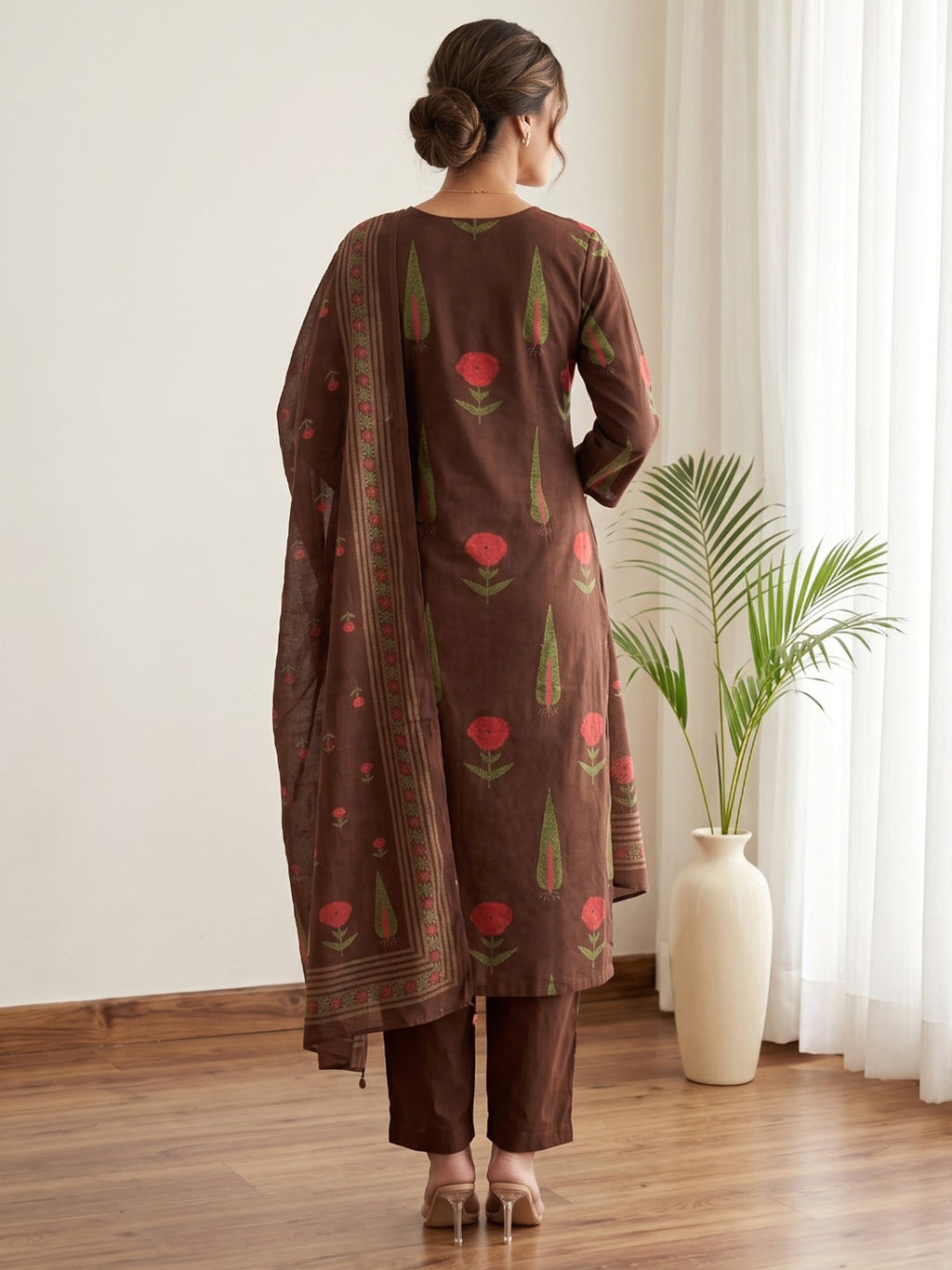 Brown Embroidery Cotton Blend Kurta With Pant & Dupatta