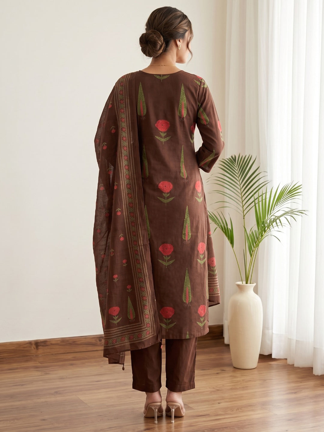 Brown Embroidery Cotton Blend Kurta With Pant & Dupatta