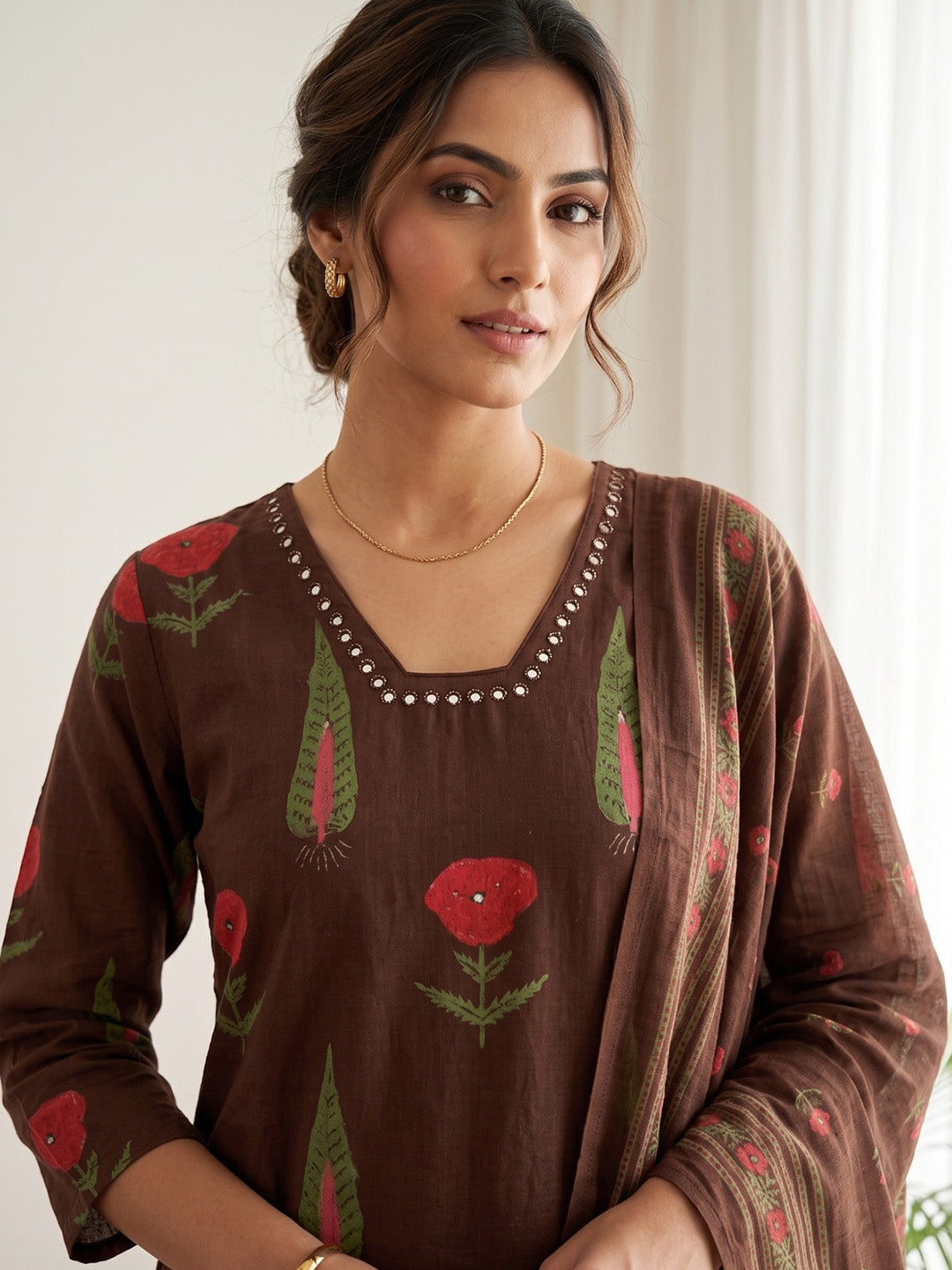 Brown Embroidery Cotton Blend Kurta With Pant & Dupatta