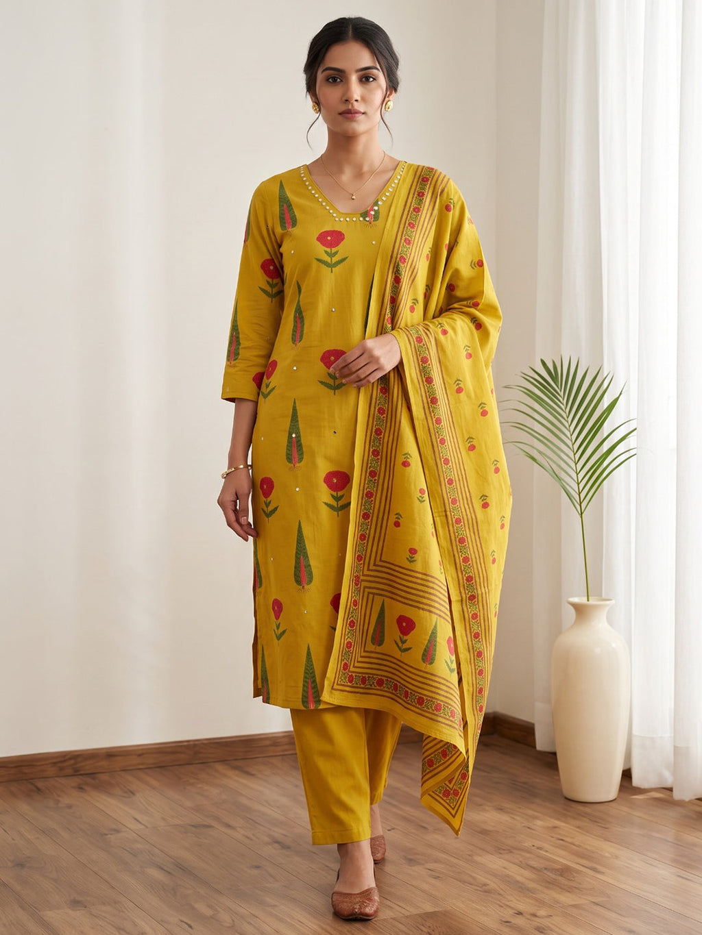 Mustard Embroidery Cotton Blend Kurta With Pant & Dupatta