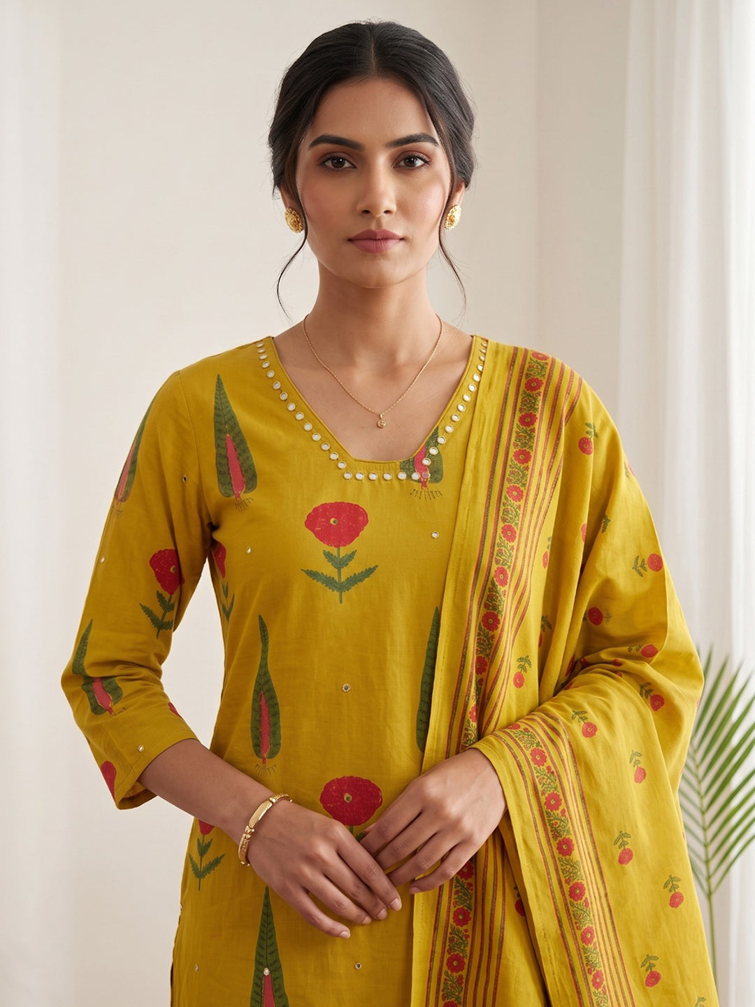 Mustard Embroidery Cotton Blend Kurta With Pant & Dupatta