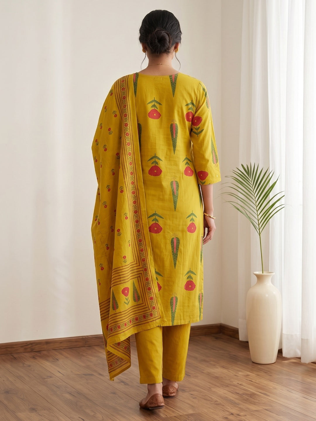 Mustard Embroidery Cotton Blend Kurta With Pant & Dupatta
