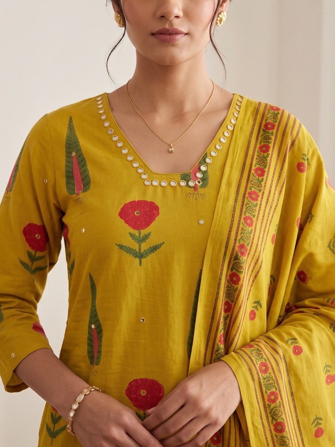 Mustard Embroidery Cotton Blend Kurta With Pant & Dupatta