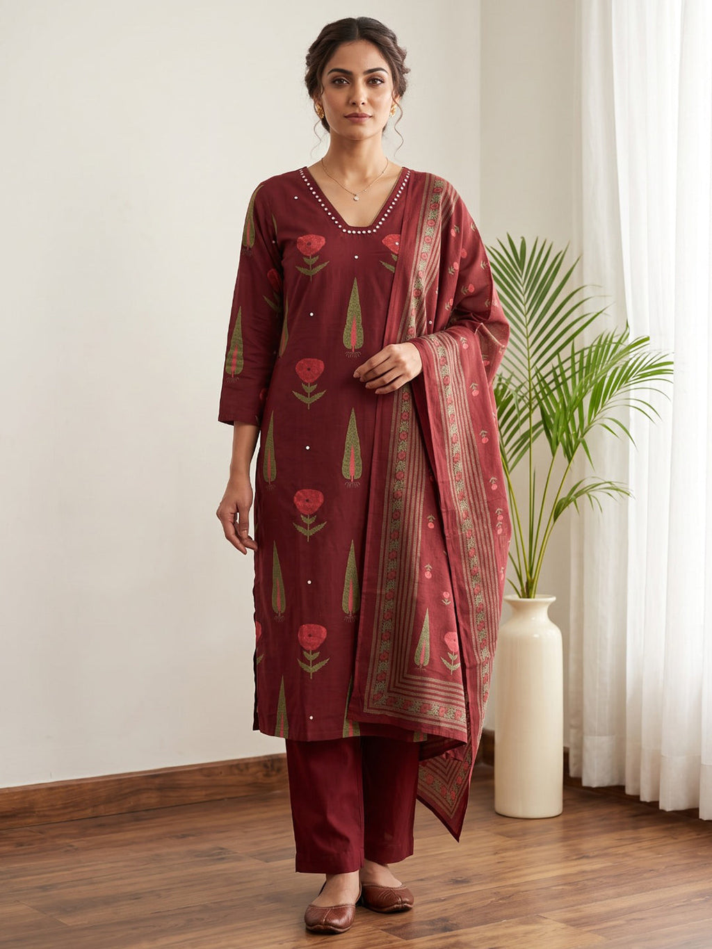 Red Embroidery Cotton Blend Kurta With Pant & Dupatta
