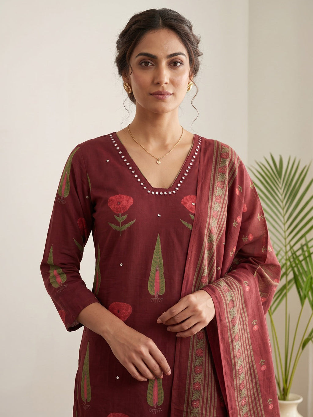 Red Embroidery Cotton Blend Kurta With Pant & Dupatta