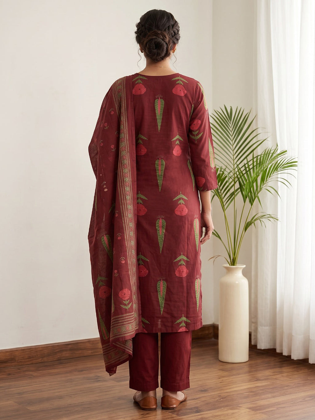 Red Embroidery Cotton Blend Kurta With Pant & Dupatta