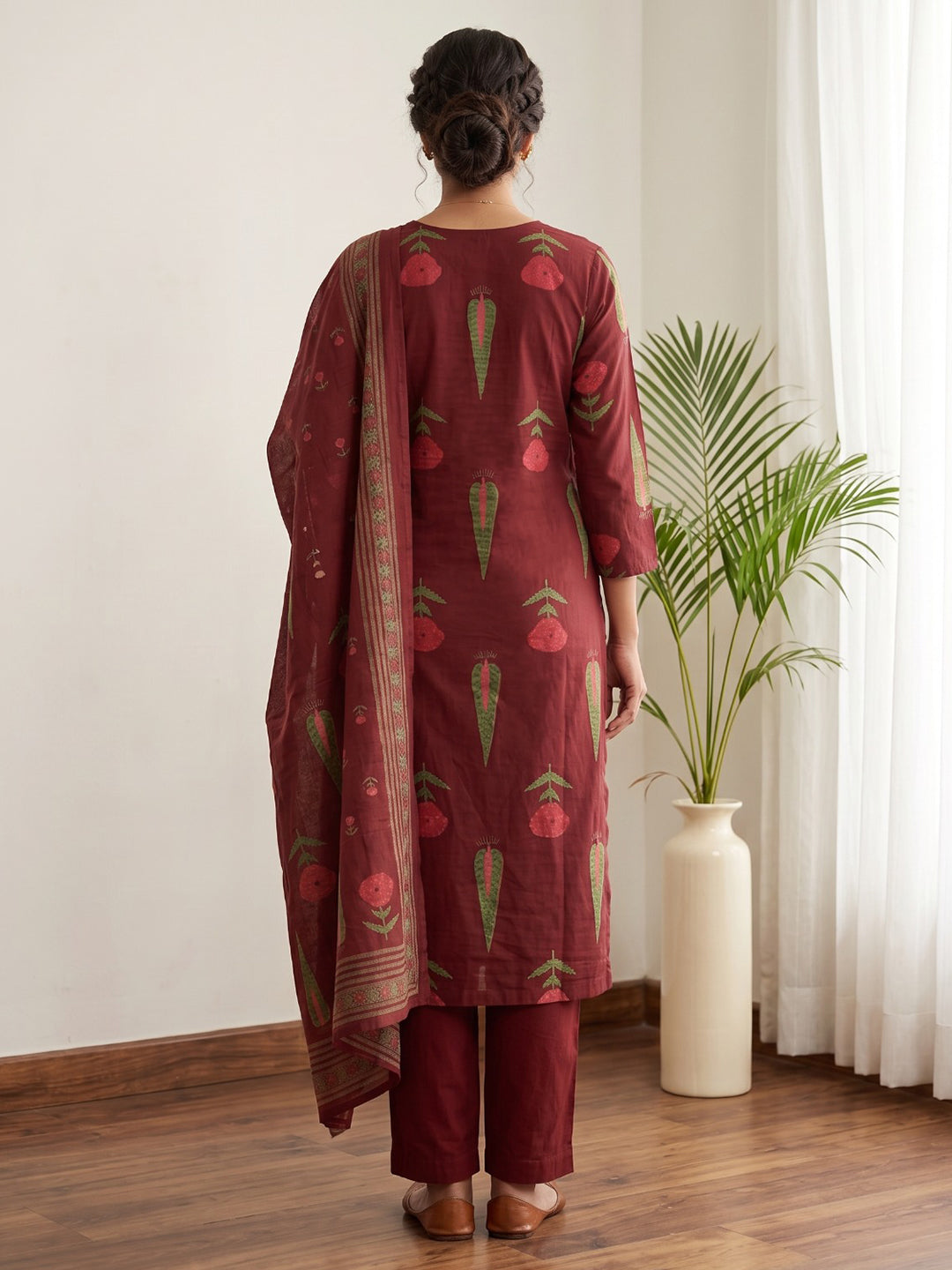 Red Embroidery Cotton Blend Kurta With Pant & Dupatta